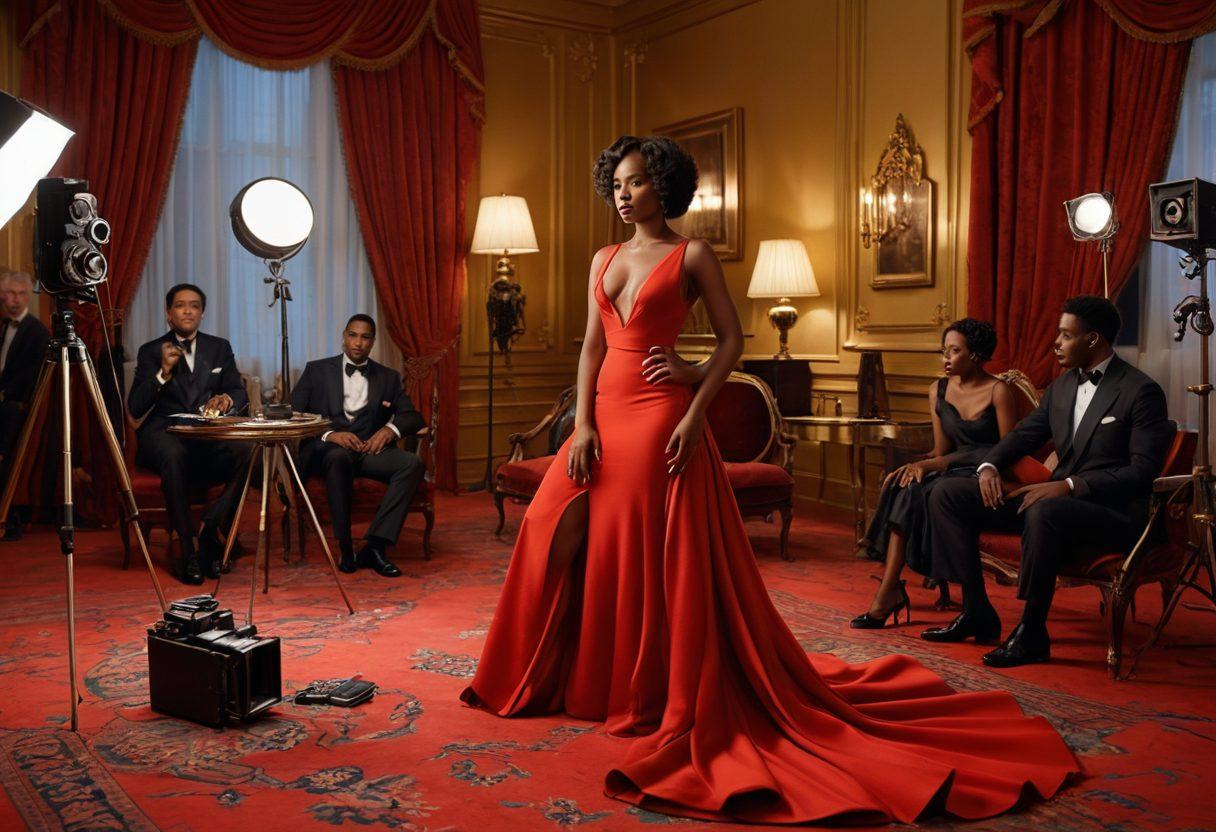 A stylish and sophisticated film set featuring beautifully detailed scenes of diverse ebony actors and actresses in elegant yet provocative poses, surrounded by cinematic lighting and rich textures. Include elements like vintage cameras, plush red carpets, and artistic props that convey a sense of allure and sensuality. Capture the essence of adult filmmaking with a touch of glamour and creativity. vibrant colors. super-realistic. cinematic style.