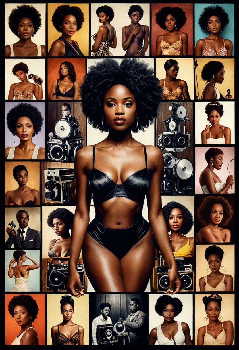 A collage featuring iconic moments from the evolution of ebony adult films, showcasing diverse performers in artistic poses, intertwined with elements of film reels and vintage projectors. The background reflects the rich textures of ebony wood and soft sensual tones. Emphasize the transformation through time, with subtle nods to classic and modern styles. super-realistic. vibrant colors. cinematic atmosphere.