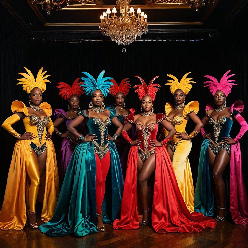 A captivating scene depicting a diverse group of ebony performers in an artful studio setting, showcasing vibrant colors and intricate costumes that represent various fantasies. The atmosphere should be inviting and celebratory, featuring elements like dramatic lighting, plush textures, and playful props. Incorporate artistic patterns and subtle hints of both fetish and fantasy themes to reflect the blog's title. super-realistic. vibrant colors. intimate atmosphere.